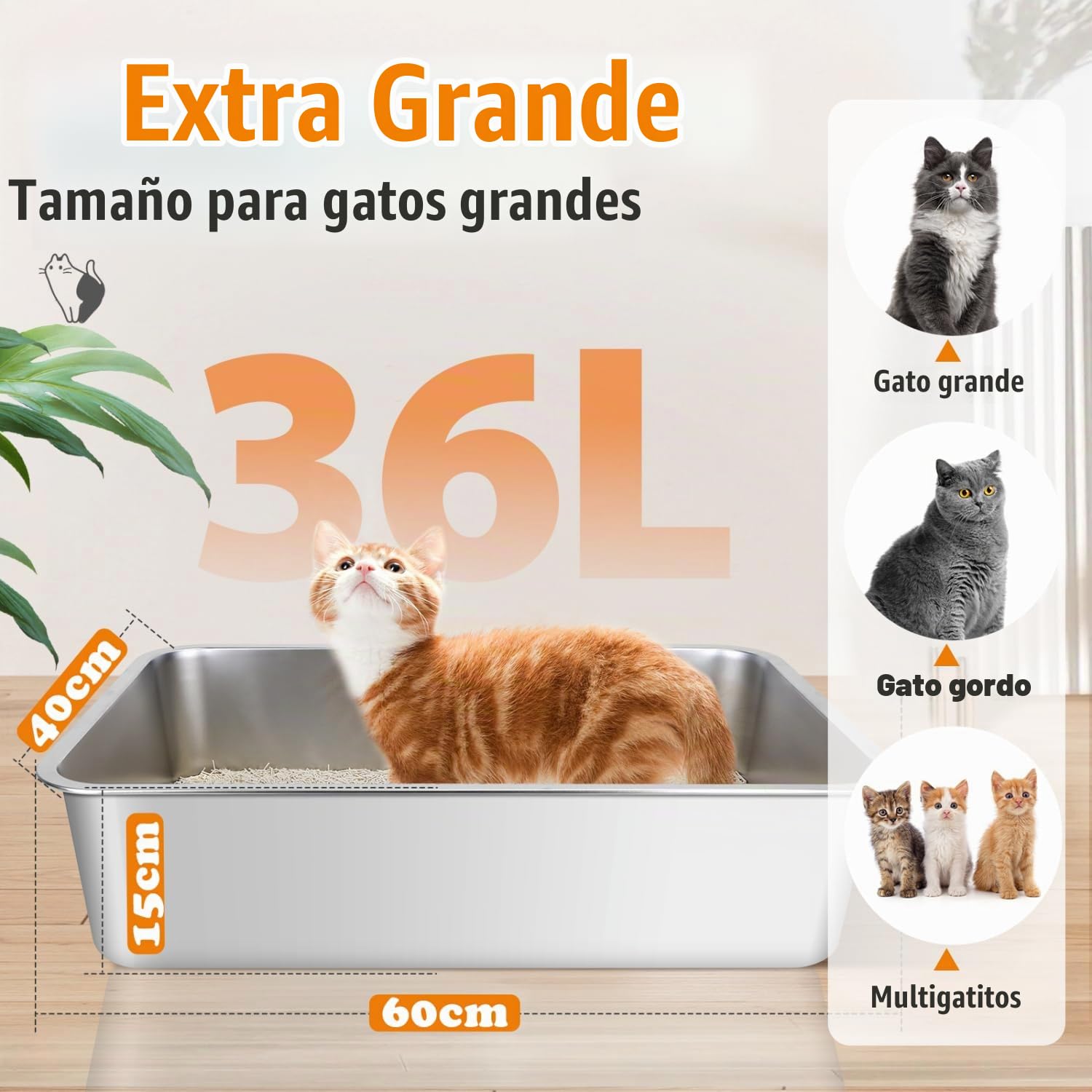 Nobleza Arenero Gato Acero Inoxidable Grande (Paquete de 2), 60x40x15cm Cajas de Arena para Gatos de Borde Alto, Arenero Gatos Que No Absorbe Olores, Adecuado para Gatos Grandes y Gatitos Múltiples