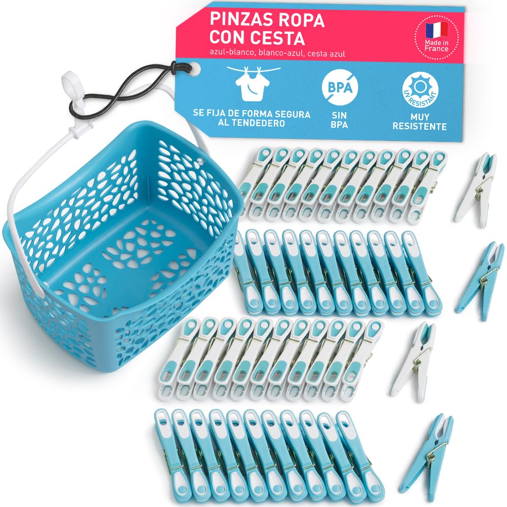 culiclean Cesta Pinzas Ropa – 48 Pinzas y Cesta, Azul-Blanco/Cesta Azul | Pinzas para Tender Ropa que No Dejan Marca, Plástico Resistente y BPA-Free, Fabricado en Francia