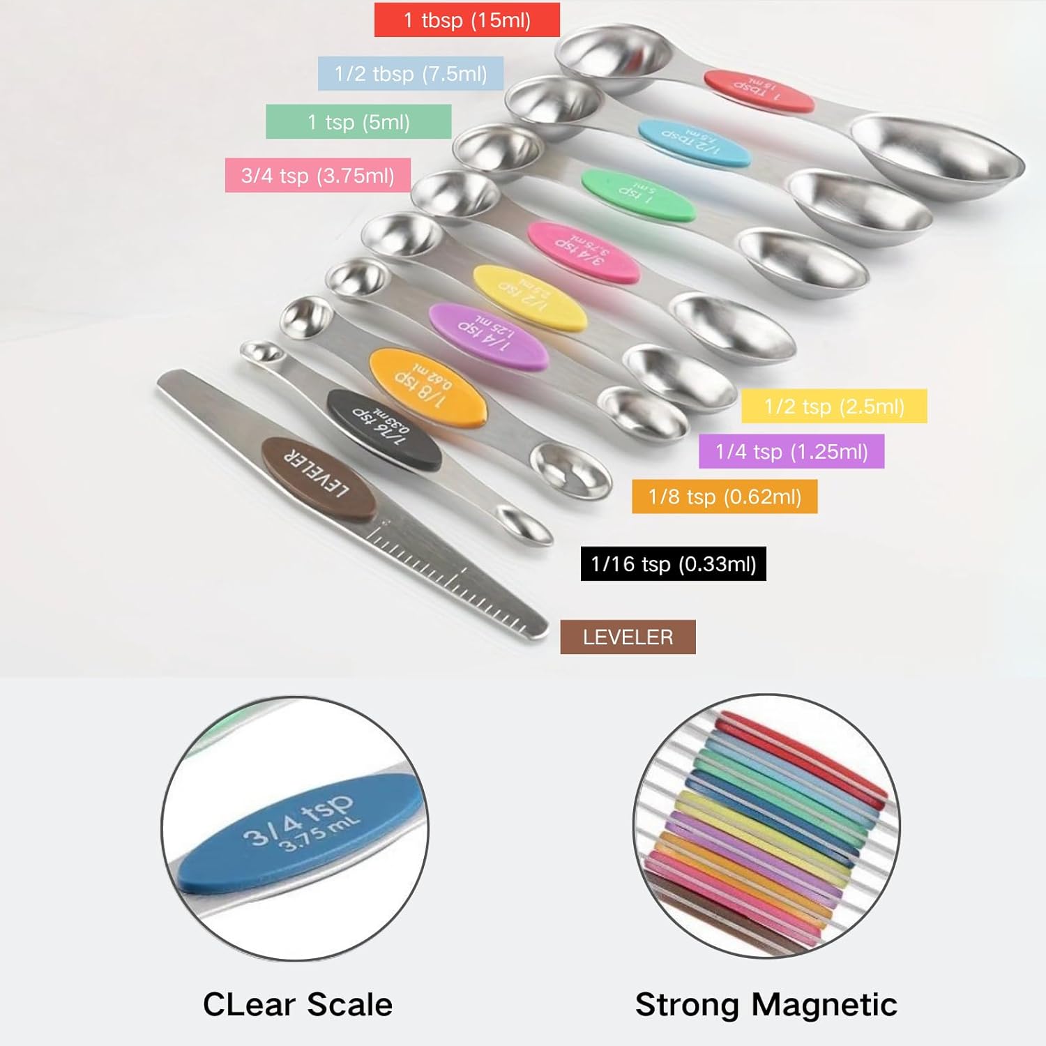 Magnetic Measuring Cups and Spoons Set 16Pcs, 304 Stainless Steel with Multicolor Silicone Handles, 7 Cups + 8 Spoons + 1 Leveler for Baking and Cooking