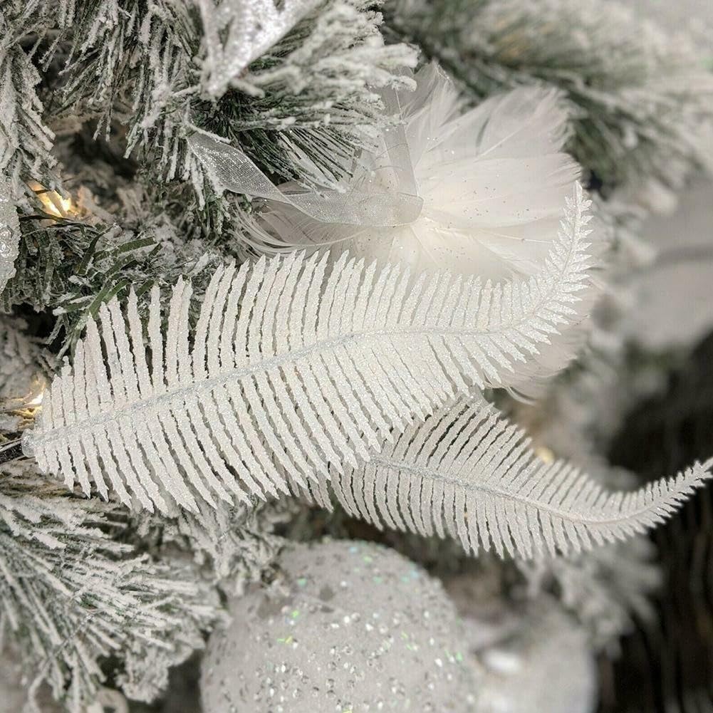 Set of 6 Decorative Clip On Feather Baubles for a Stunning Christmas Tree Display (White)