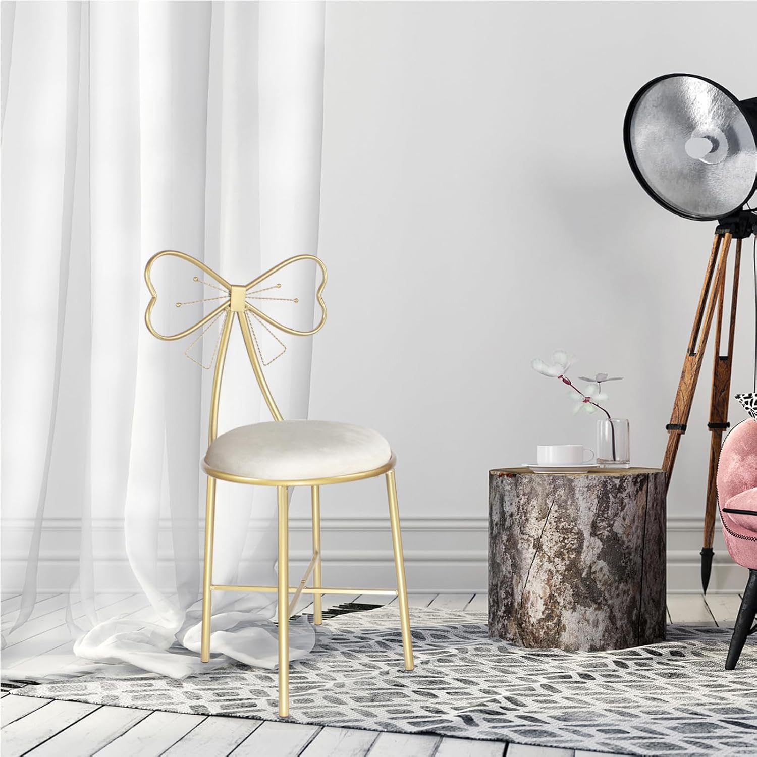 Vanity Stool Chair for Makeup,Modern Velvet Butterfly Accent Chair,White Cute Girls Bow Knot Backrest Chair with Golden Leg for Living Room,Bedroom,Vanity,Office,Reading Nook