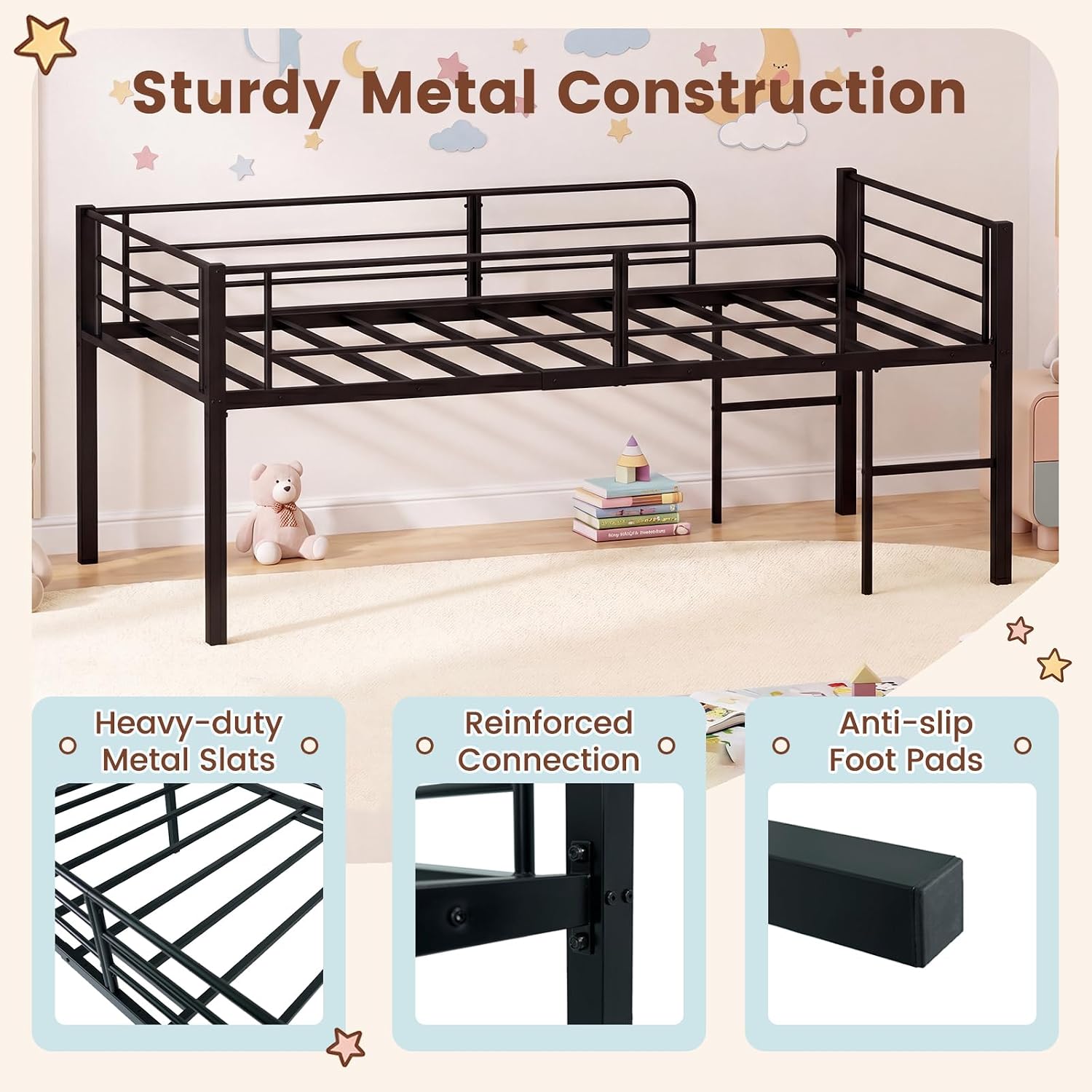 KOMFOTT Twin Size Low Loft Bed, Heavy Duty Metal Bed Frame with Safety Guardrails & 2 Ladders, Space Saving Loft Bed with Under-Bed Space for Kids Boys Girls Junior, No Box Spring Needed (Black)