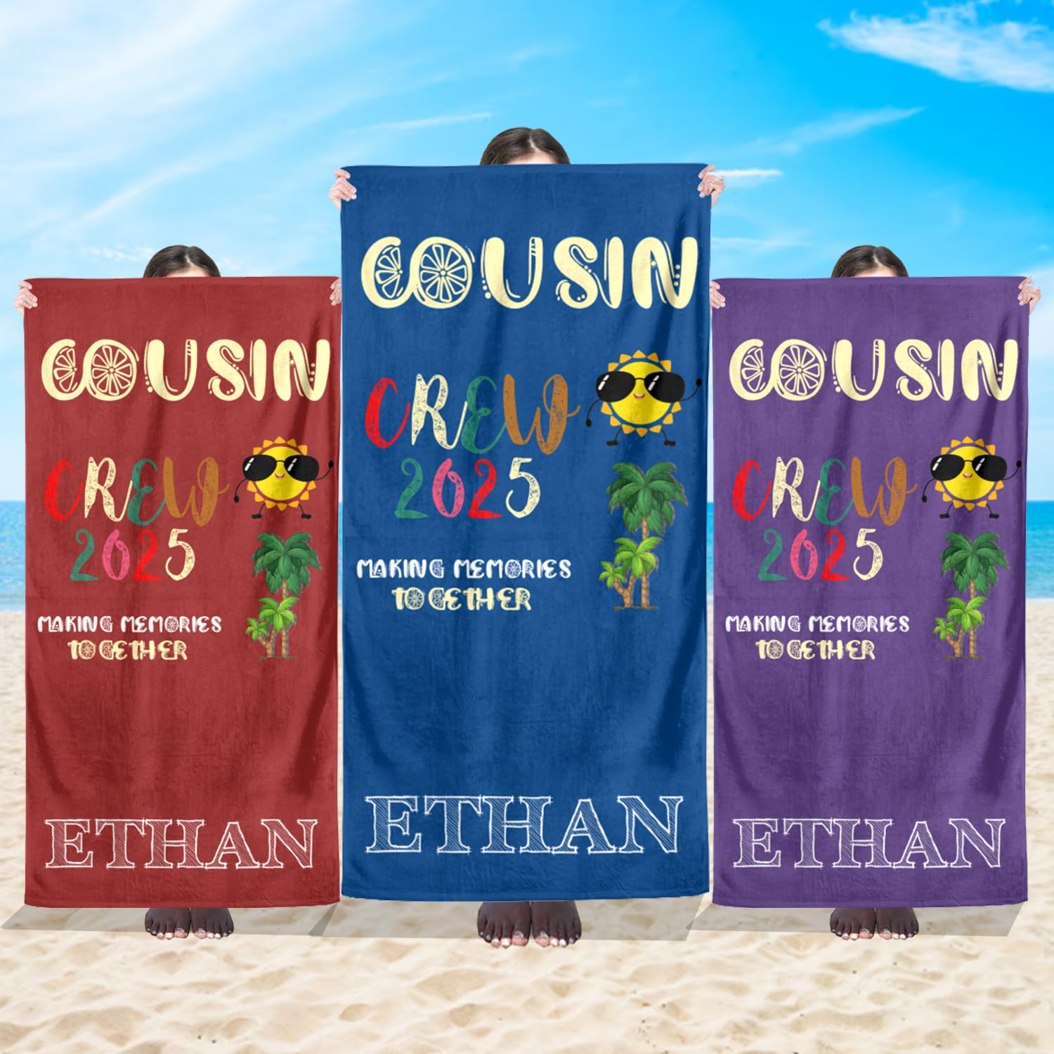 Personalized Cousin Crew Beach Towels for Kids Adults with Names, Customized Ultra Absorbent Super Soft Swim Towels for Kids, Custom Bath Pool Towel