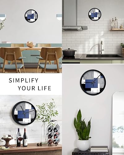 Miniatura 6 de Reloj de pared silencioso y decorativo para pared, diseño de retazos de arte abstracto, negro y azul marino, 10 pulgadas, sin tictac, moderno