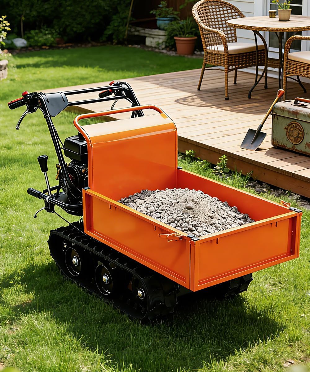 Motorized Wheelbarrow Utility Cart Gas Powered, 208cc 6.5HP, 3F+1R Capacity 660Lbs Lowering Dumper & All-Terrain Wheels, Material Hauler, Electric Wagon (660LBS Track Barrow+Convertible Sides)