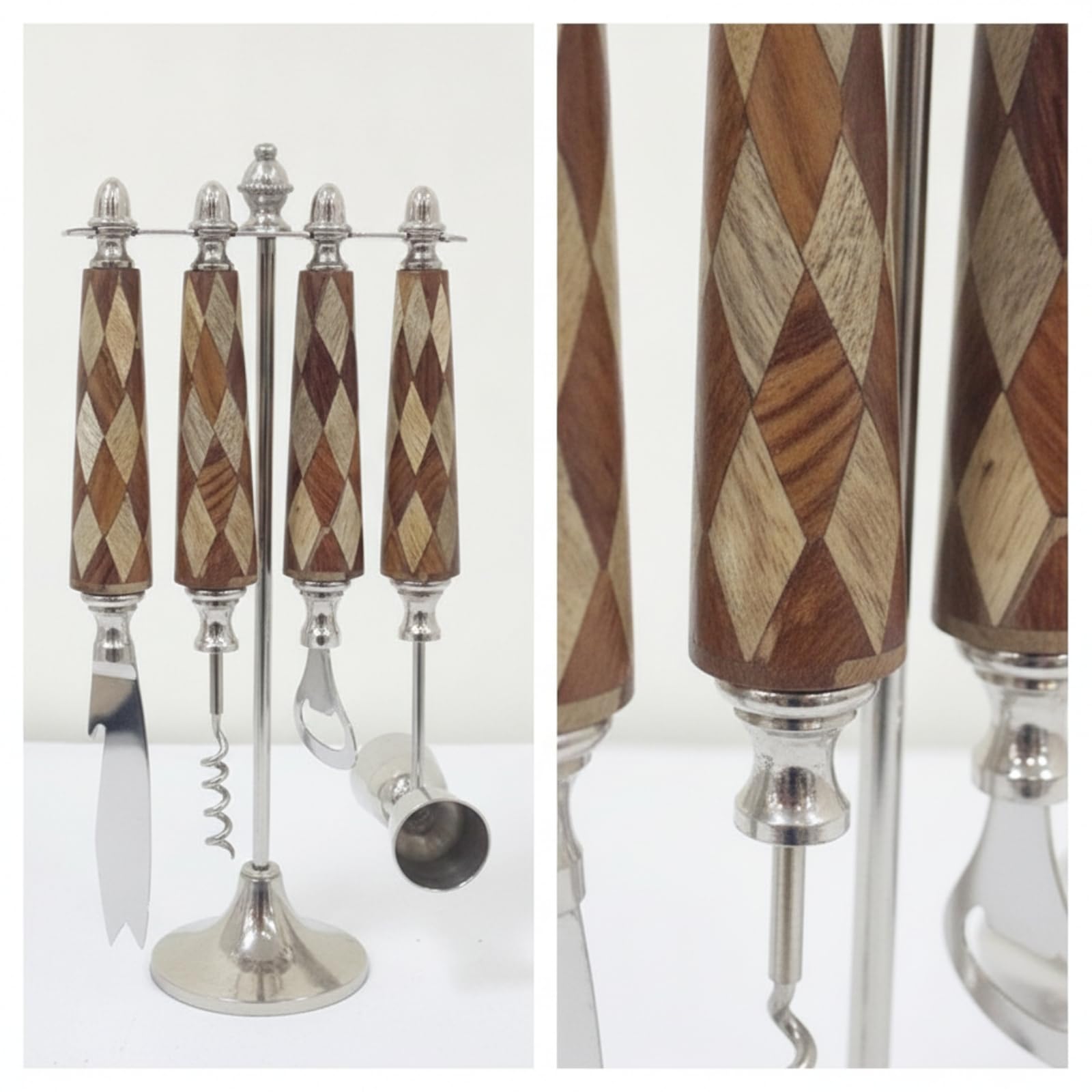 Qianly Juego Bar con Soporte Compacto Set Coctelería con Soporte Coctelera para Bnrs, 14 9 30cm, Juego De Bar De Rombos Marrones