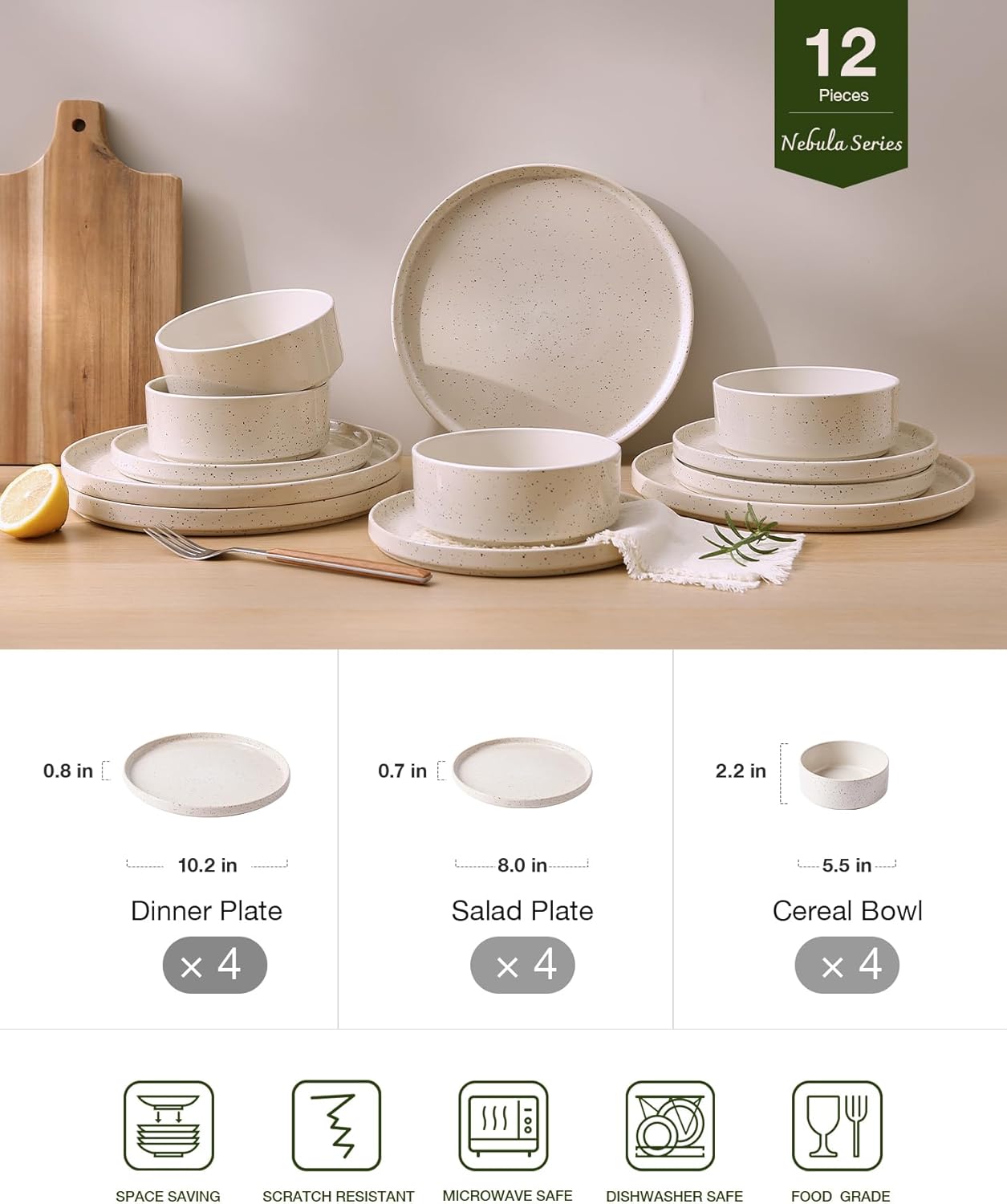 Famiware Nebula Plates and Bowls Sets, 12 Pieces Dinnerware Sets, Dishes Set for 4, Creamy White with Colorful Speckles - Image 2