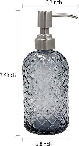 Miniatura 3 de Dispensador de jabón de vidrio con patrón de diamante de 16 onzas, dispensador de jabón recargable para cocina y baño, con bomba de acero inoxidable