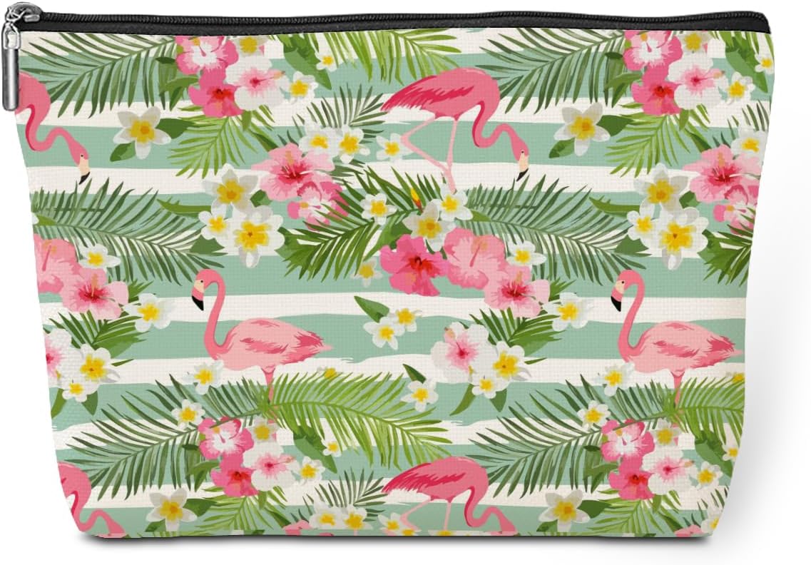 Cute Pink Flamingo Palm Leaves Floral Makeup Bag Flamingo Gifts Flamingo Decor Party Supplies Christmas Birthday Gifts for Women Flamingo Lovers Girl Daughter Friend Coworker Travel Toiletry Bag