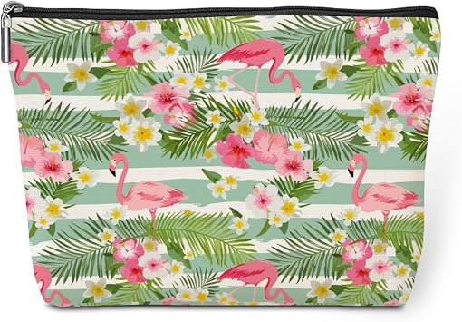Cute Pink Flamingo Palm Leaves Floral Makeup Bag Flamingo Gifts Flamingo Decor Party Supplies Christmas Birthday Gifts for Women Flamingo Lovers Girl Daughter Friend Coworker Travel Toiletry Bag