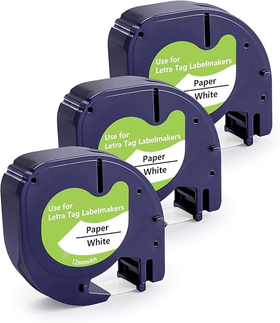 3X Comaptible for DYMO Letratag Paper White Tape 91200 S0721510 12mm x 4m for DYMO LetraTag LT-100H, LT-100T, LT-110T, QX 50 Label Makers, Black on White