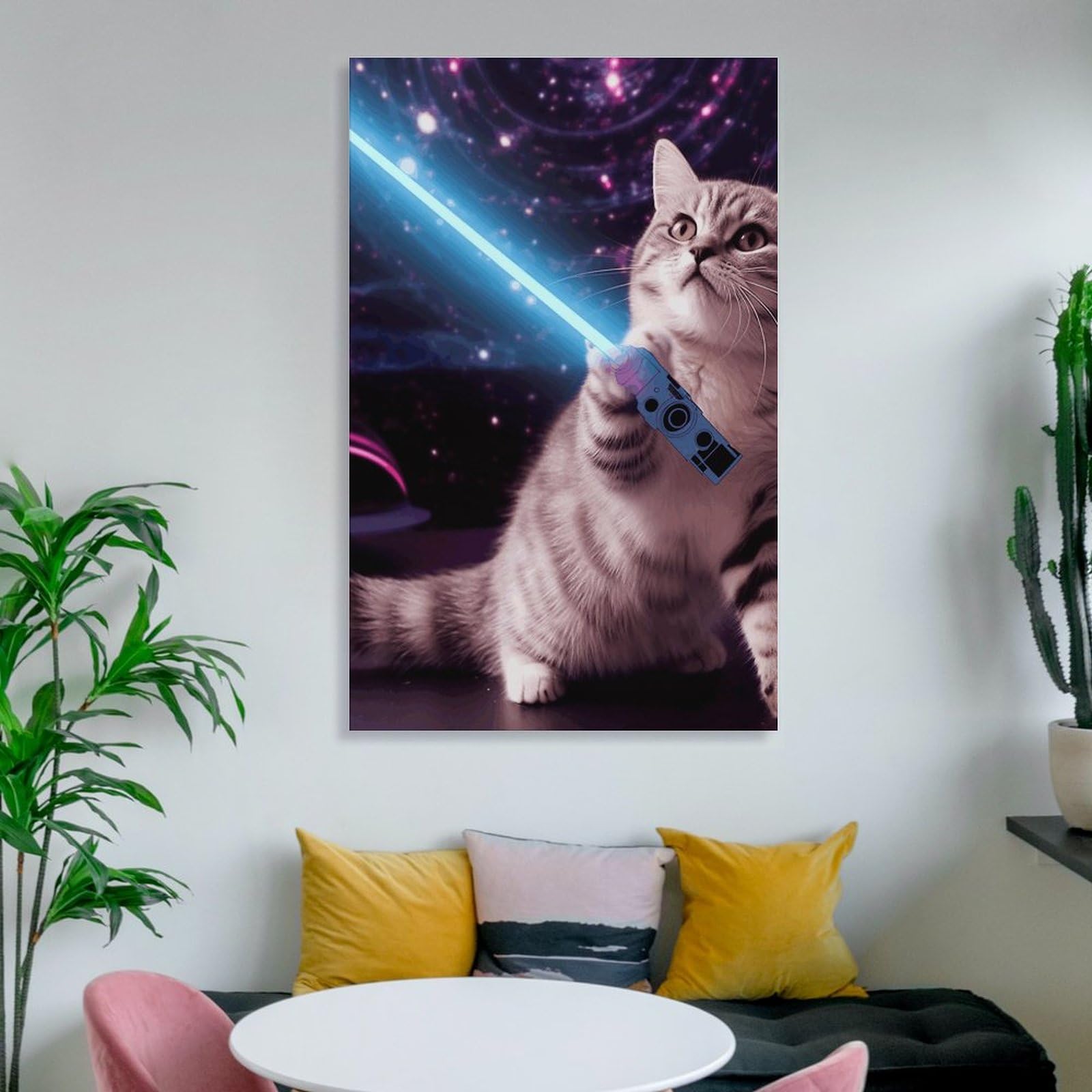 HEBVNJF Leinwandbild, Kunstwerk, Weltraum, Laserkatze, Neuheit, niedlich, lustig, Wandkunst, Wandkunstdruck, Poster für Wohnzimmer, Dekoration, Schlafzimmer, Büro
