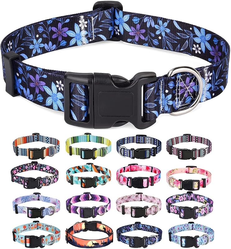 Mihqy Dog Collar for Small Dogs, Cute Small Medium Large Dog Pet Collar, with Floral Patterns, Soft Adjustable for Boy Girl Female Male Puppy Dog Collar(Floral Blue,S)
