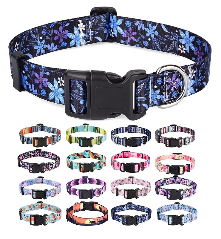 Coleira para Cães Médios Mihqy em Poliéster, Floral Blue, Tamanho M