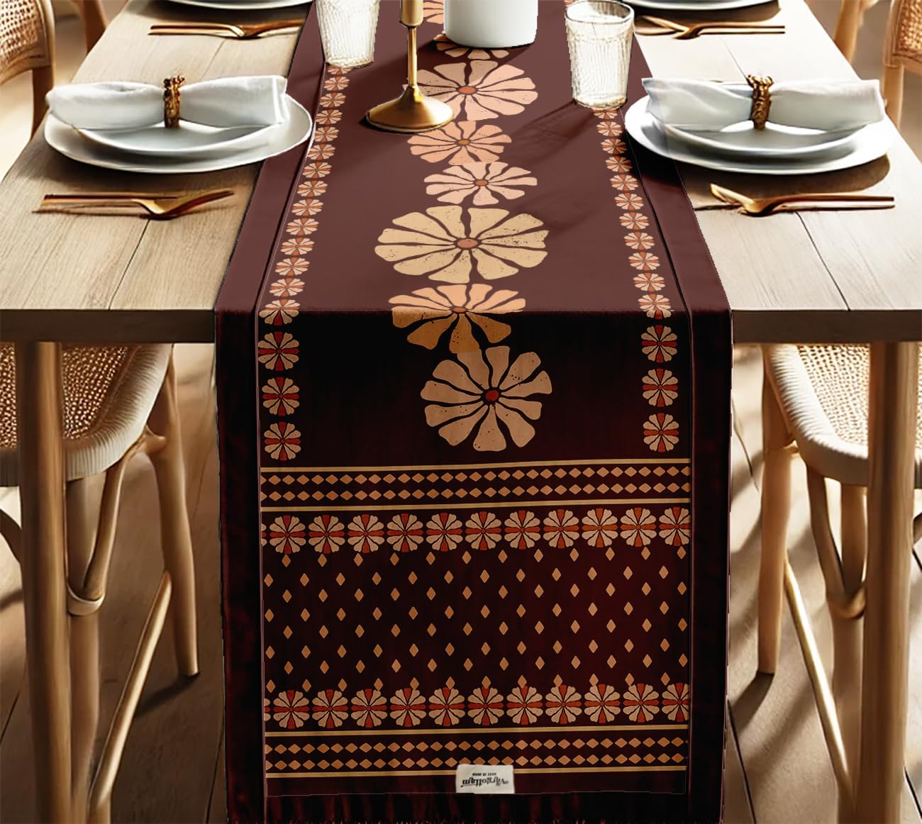 Floral Design Cotton Table Runner by Vargottam - Double Layer with Border - Washable Runner - Decorative Table Linen for Dining & Everyday Use
