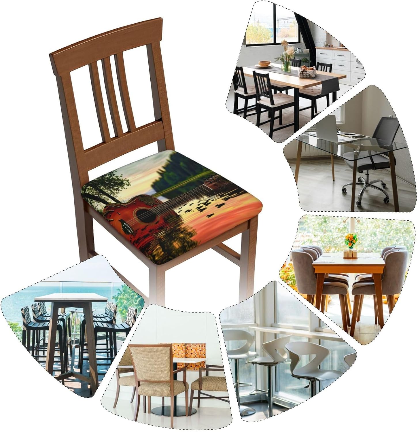 Lake Guitar Reflection Print Square Cushion Covers 6 Pcs Set Elastic Non-Slip Seat Cushion Slipcovers Pet Furniture Protectors for Chair, Sofa
