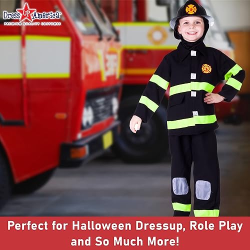 Miniatura 5 de Dress Up America Disfraz de bombero para niños, disfraz de bombero para niños y niñas, conjunto de bomberos con casco, color negro