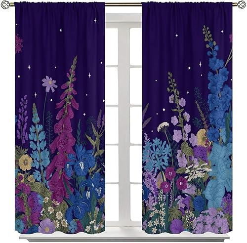 Miniatura 206 de Retro 70s Floral Blackout Window Curtains, Watercolor Flower Plant Rustic Modern Style Pattern Window Drapes, for Bedroom Living Room 42x45in 2