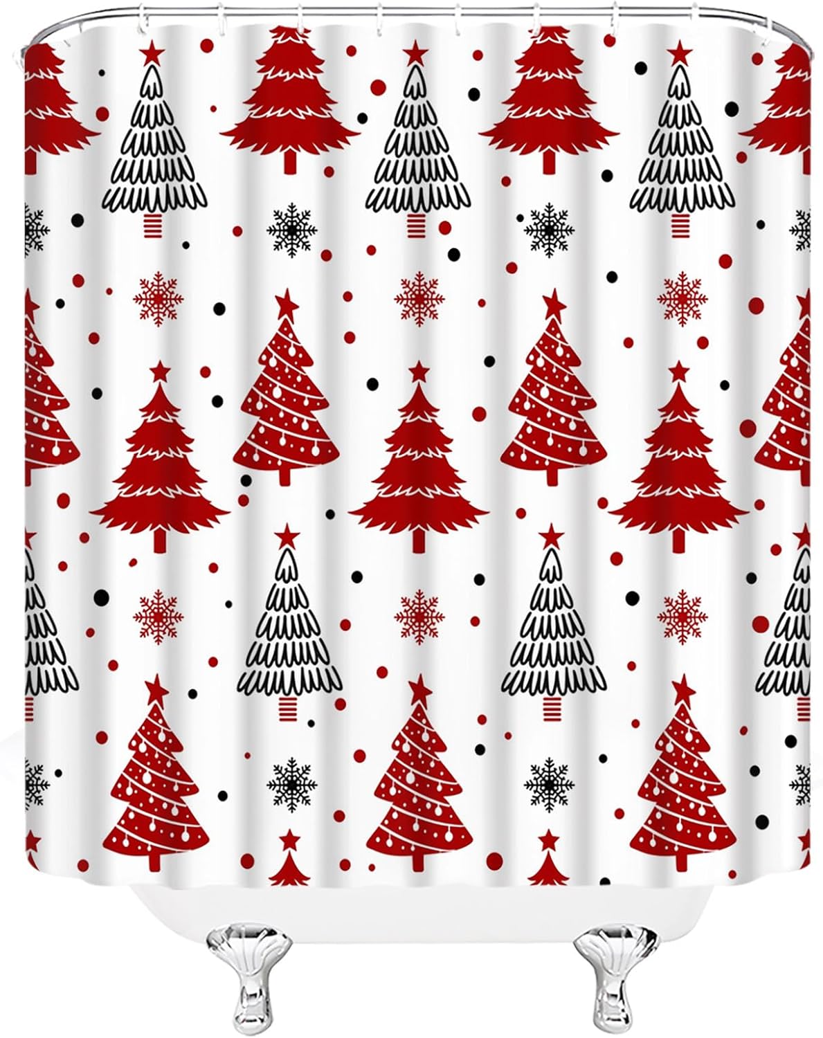 Christmas Tree Shower Curtain Red Black Xmas Tree Snowflake Snow Winter Cartoon Abstract Festival 108" Wx70 H Fabric Bathroom Decor Curtain with Hooks