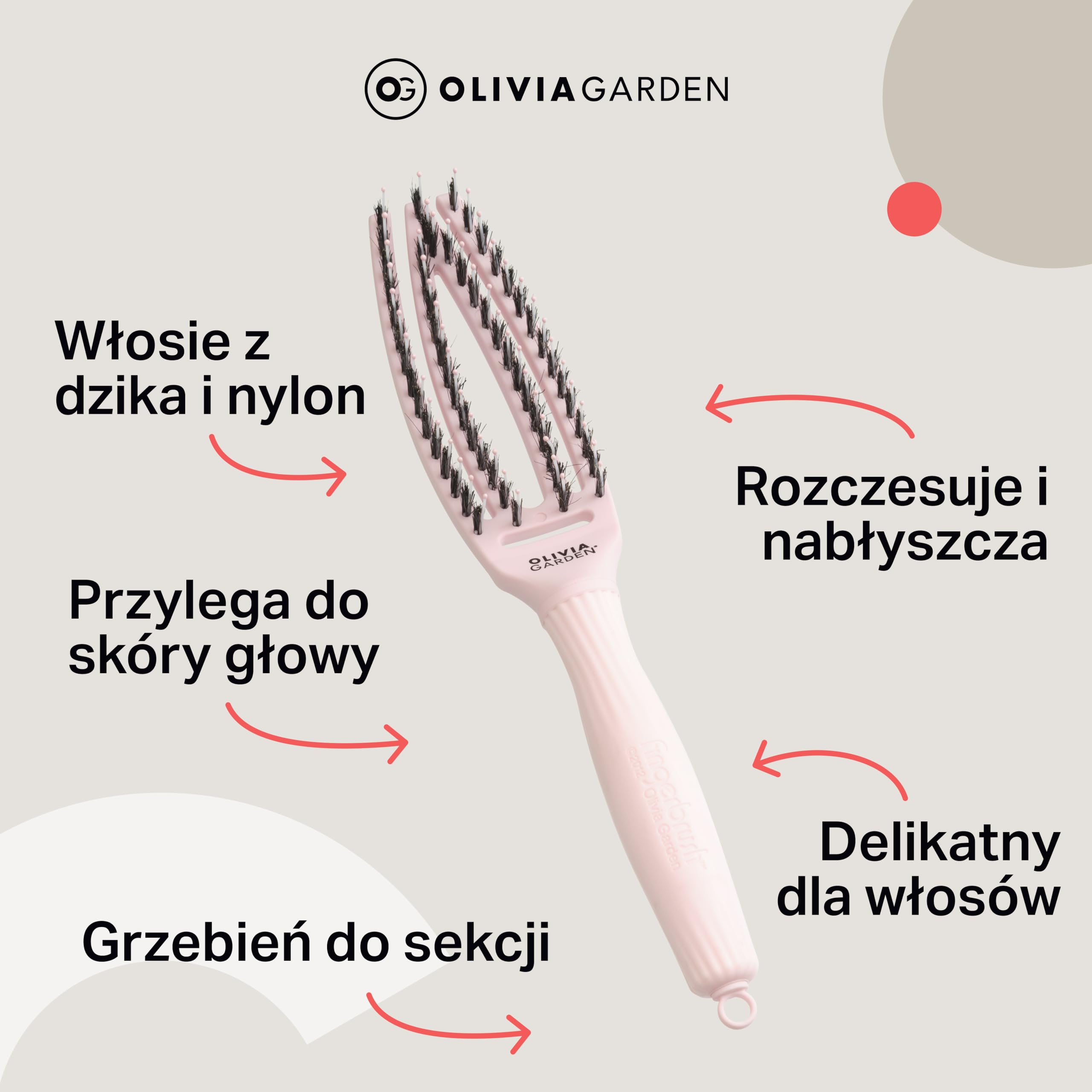 Olivia Garden – Fingerbrush Iconic Care z włosia dzika i nylonu, pastelowy różowy, mały rozmiar