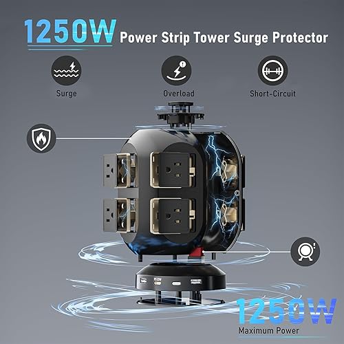 Miniatura 4 de Torre de regleta de alimentación con protector de sobretensiones, torre de alimentación con puertos USB con 8 tomas de corriente y 2 puertos USB, 2