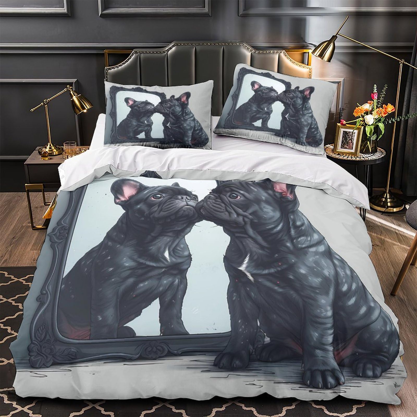 Housse de couette bouledogue français 140x200 en microfibre pour lit simple