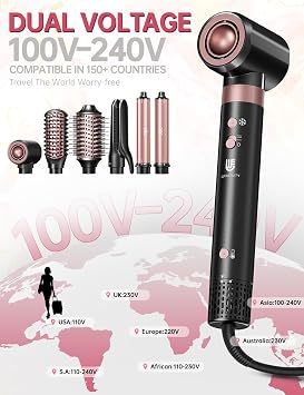 Hair Dryer Brush Air Styler: Dual Voltage 7 in 1 Ionic Multi Styling Tools with Hot Air Straightener, Auto Wrap Curlers, Frizz-Free Volumizer, Fast Blow Drying Curling Straightening (Black)