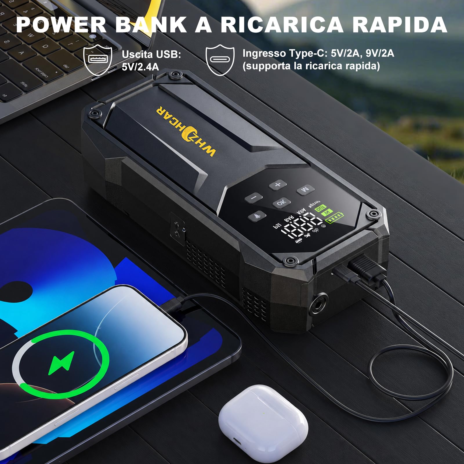 Avviatore Batteria auto 160PSI 9000A Booster Avviamento | WHZOHCAR Avviatore Emergenza per Auto 12V（Tutti Gas /12L Diesel） Jump Starter con Ricarica Rapida Torcia 600 Lumen LED