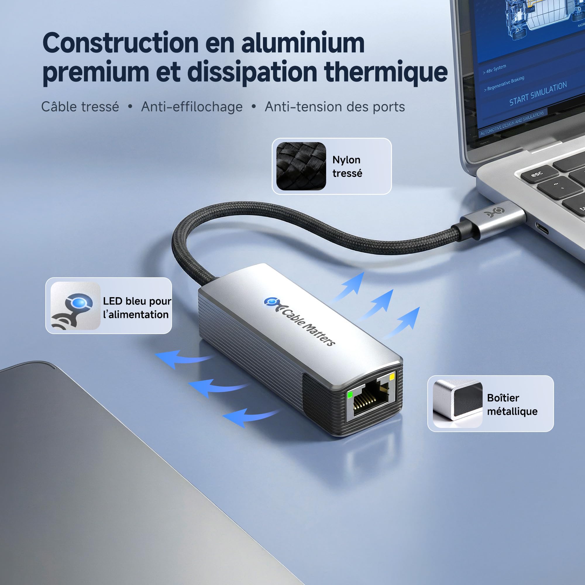 Cable Matters Adaptateur Ethernet USB-C 10GbE en Aluminium | Compatible avec USB4/TB 5, fonctionnement silencieux et frais, vitesse réelle env. 7Gbit/s sous Windows / 5Gbit/s sous macOS