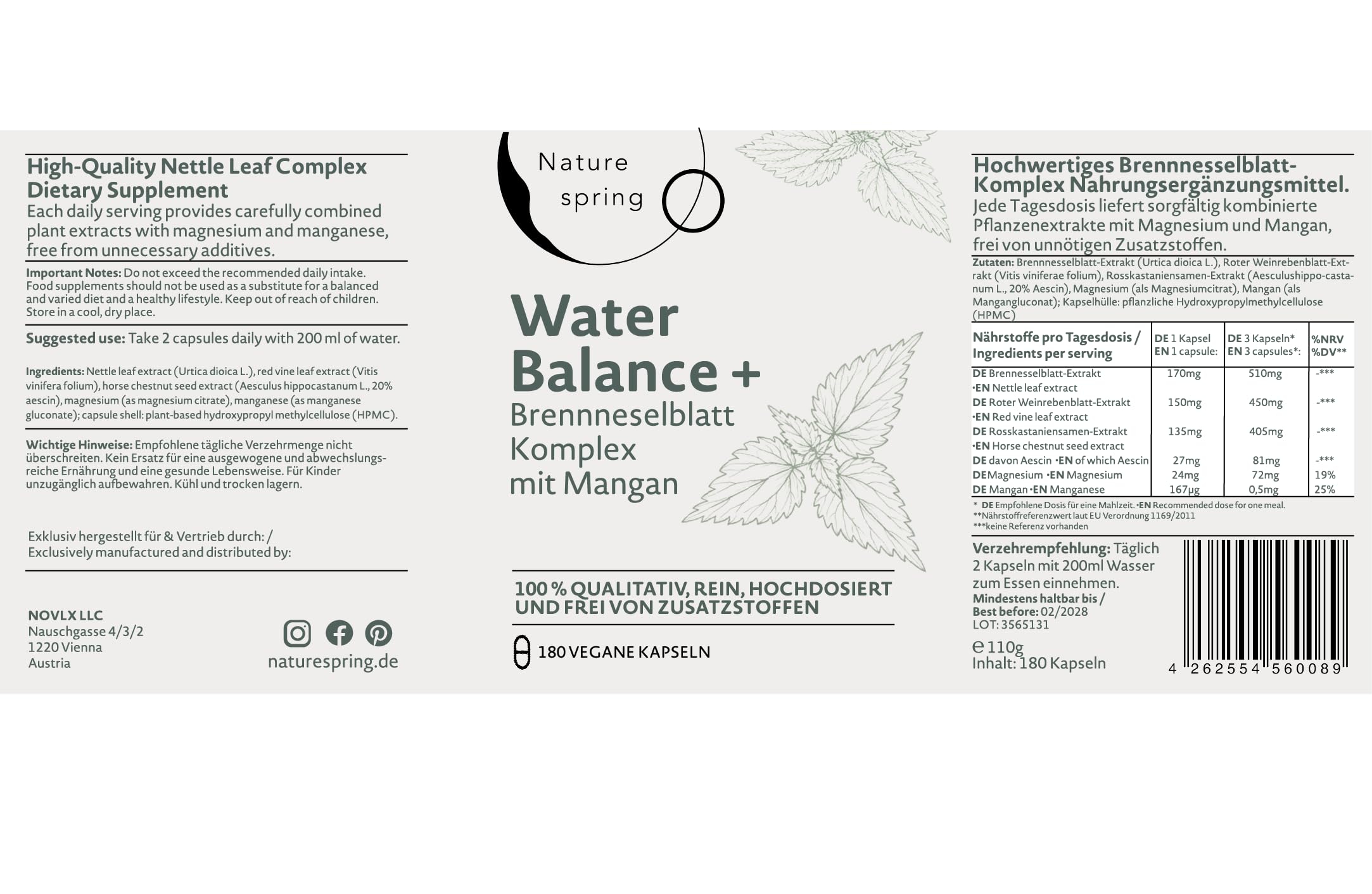Aqua Balance Plus Kapseln – Pflanzenextrakt Komplex mit Brennnessel, Rotem Weinlaub & Rosskastanie – Magnesium & Mangan – Für Wassermanagement & Balance – 180 Kapseln – Laborgeprüft in Deutschland