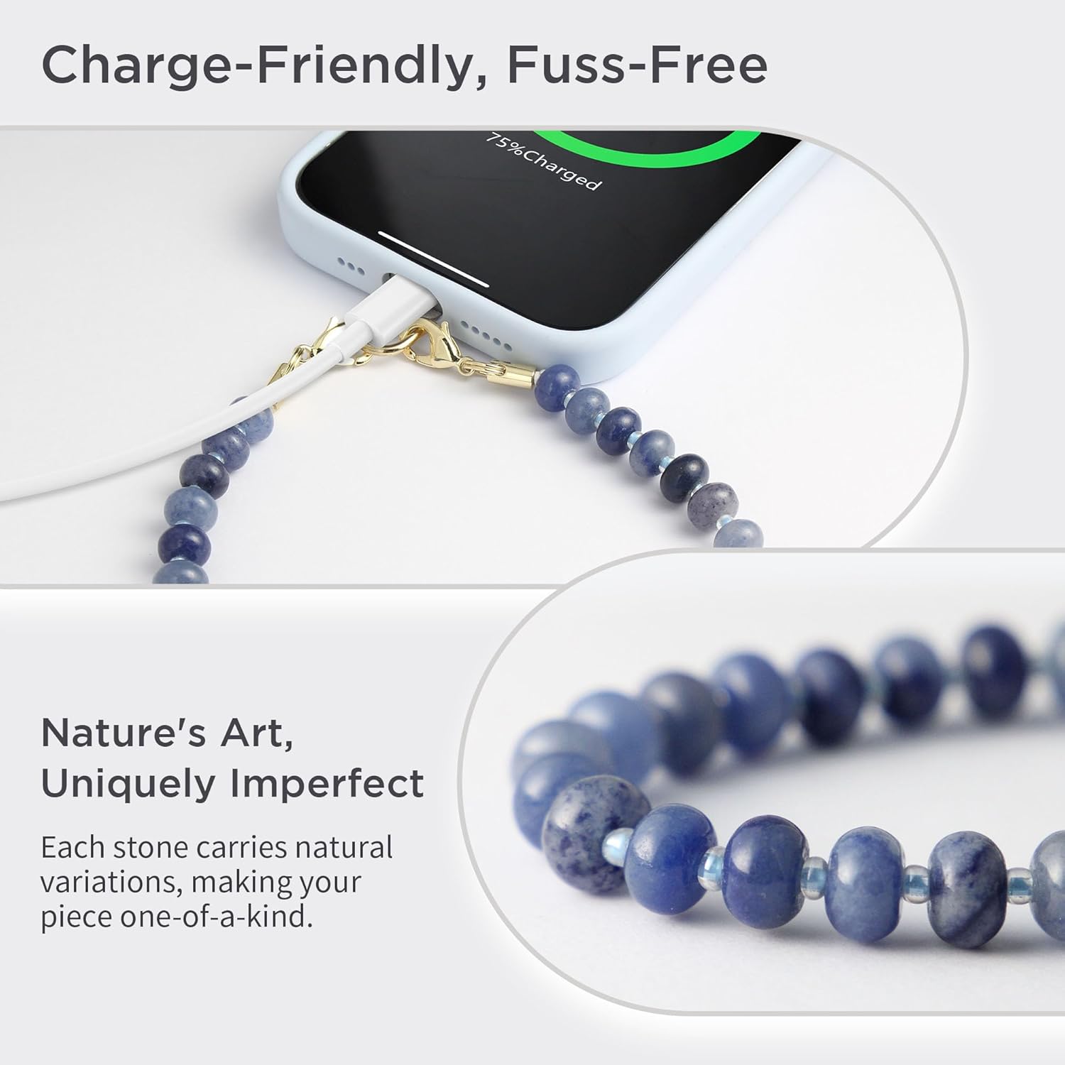 Natural Stone Phone Charm, Beaded Healing Phone Wrist Strap, Handmade Cellphone Chain Lanyard with Tether Tab - Image 3