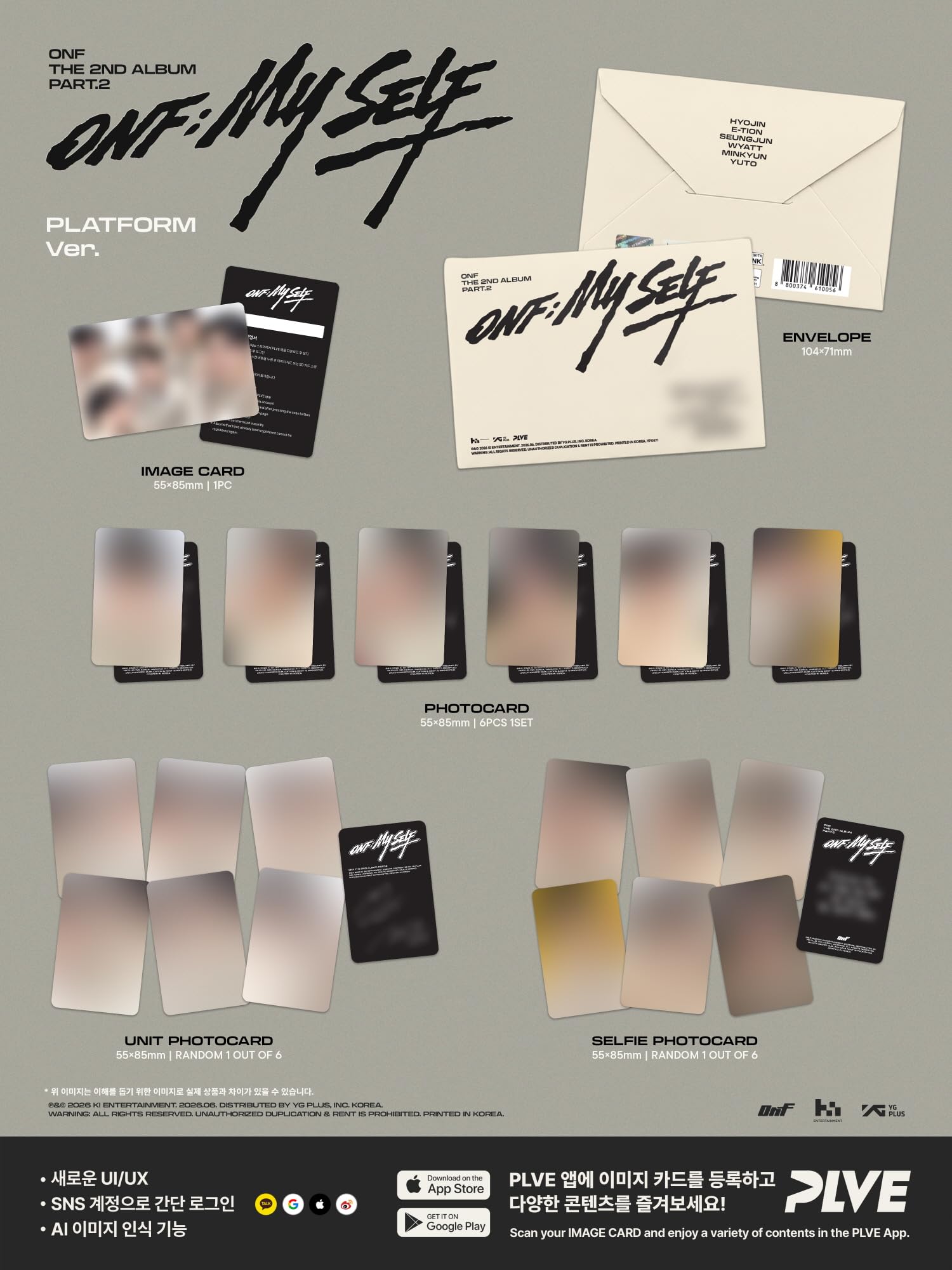 (Juego completo: 3 álbumes de fotos + 6 cicatrices Digipack + 1 plataforma) ONF : My Self 2º álbum part.2 con seguimiento