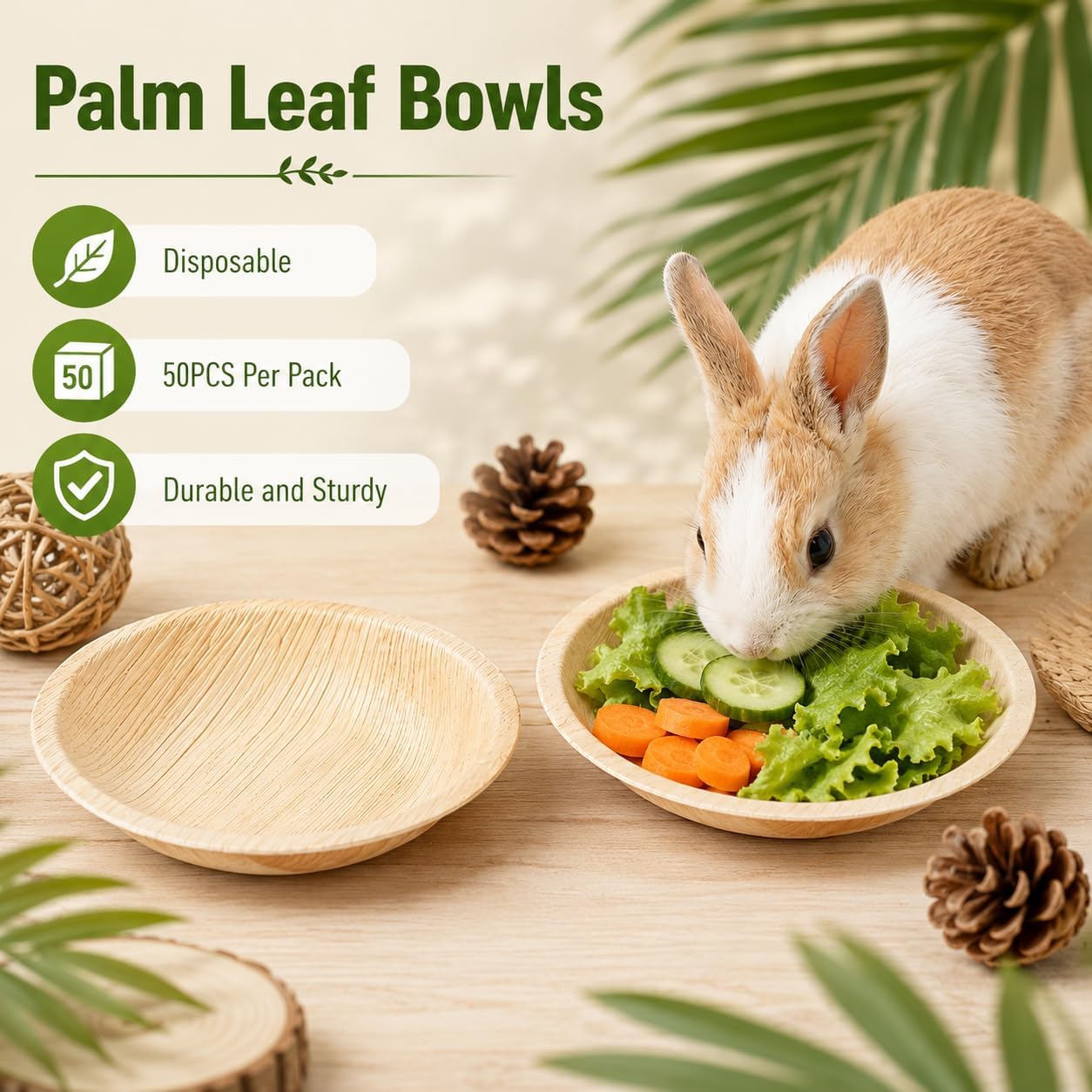 50 Pack Round Bamboo Bunny Bowls for Small Pet Feeding | Natural 4 in bamboo dishes, disposable chewable feeding bowls for rabbits, bunnies and small pets