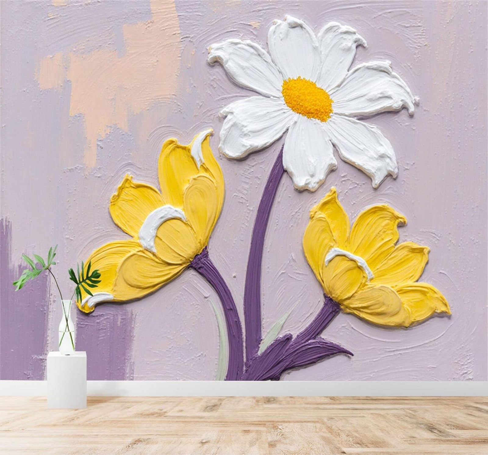 Xlming 150Cm×105Cm(B×H) Hand Drawn Minimalist Yellow And White Flowers Soft Background 3D Wallpaper Silky Texture Home Study Office Grey Dining Room Sofa Bedroom Living Room Tv Backdrop-150Cm×105Cm