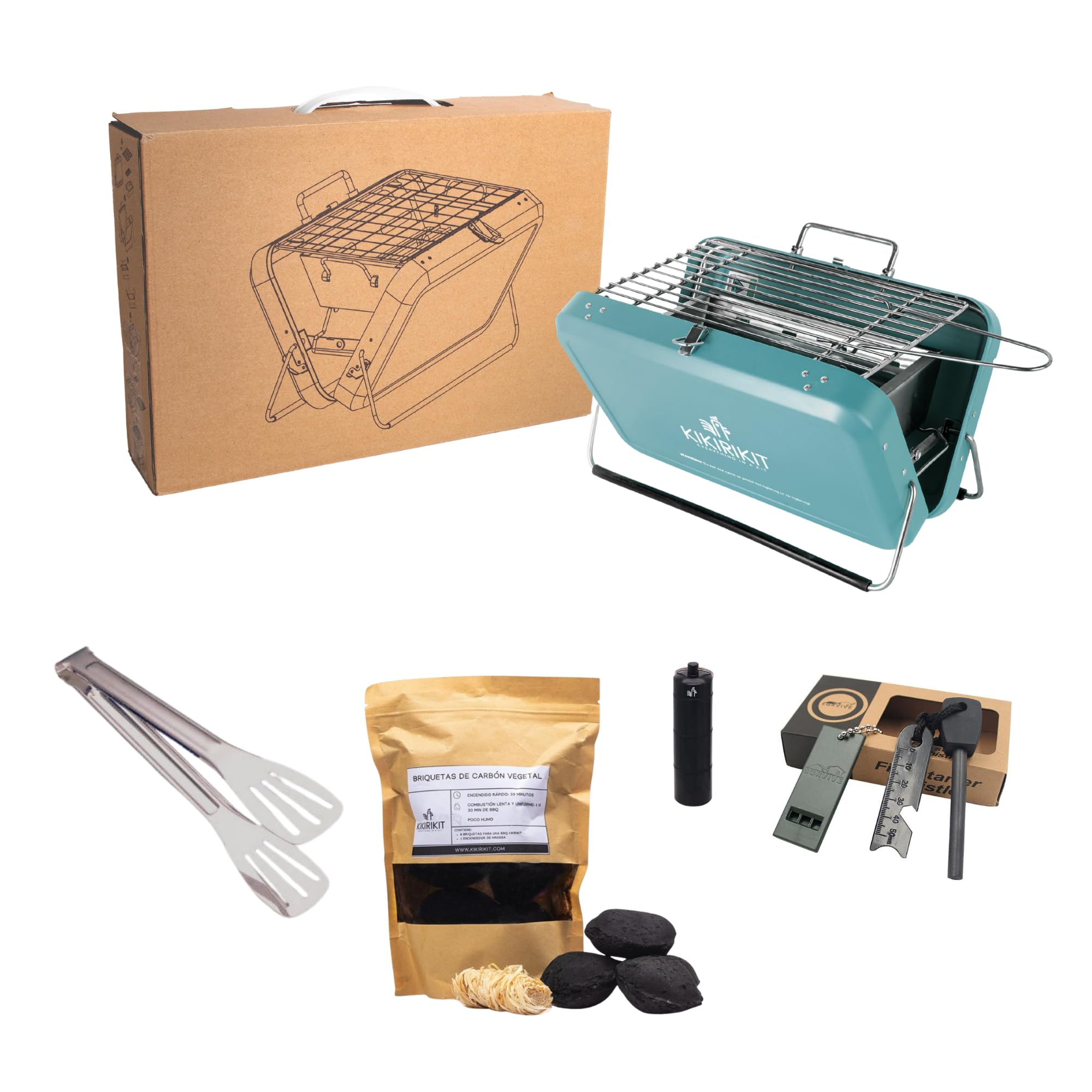 KIKIRIKIT - Barbacoa carbón - Barbacoa portátil carbón- Barbacoa plegable - Kit Barbacoa - Accesorios Camper- Regalo original - Regalos para padres (Turquesa, Super Kit)