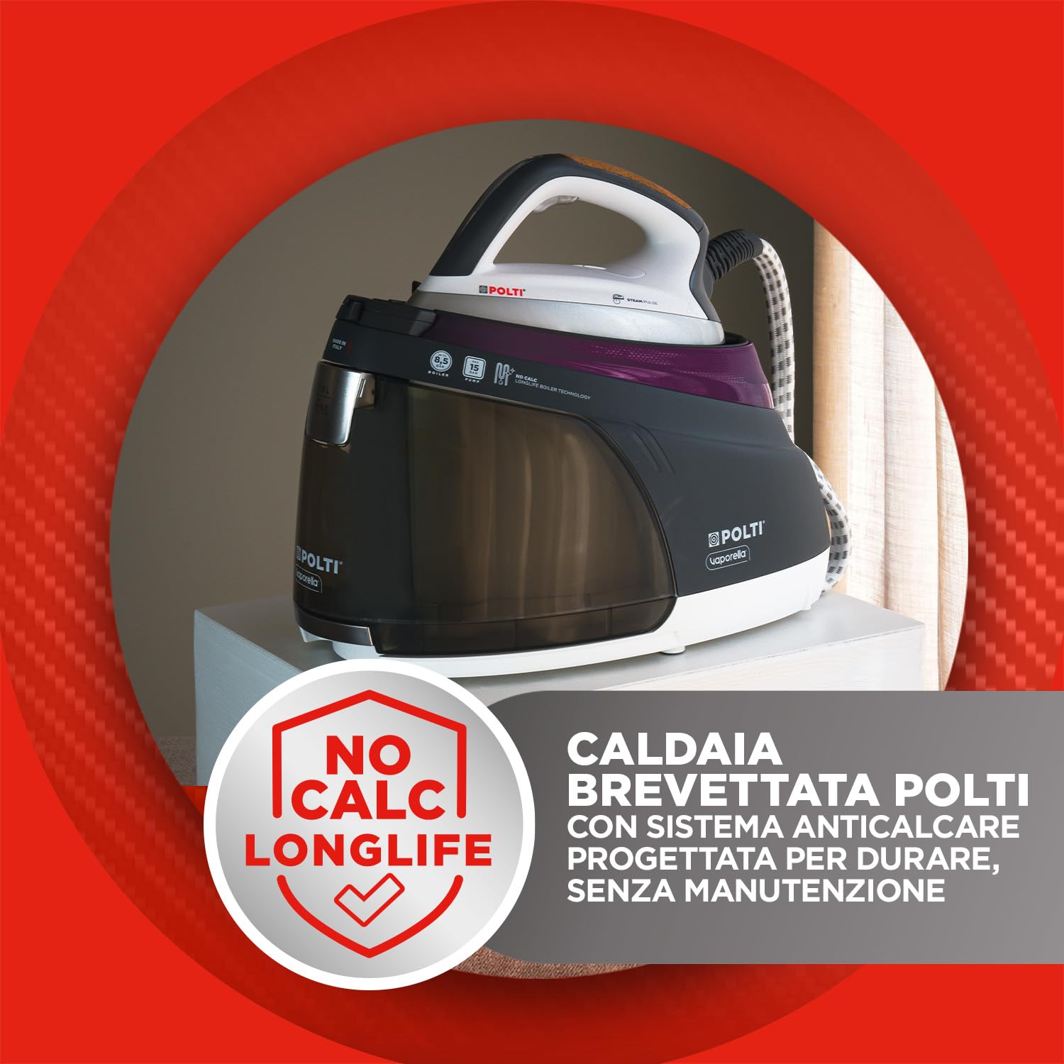 Polti La Vaporella XT125C, Ferro da Stiro a Vapore con Caldaia | Pressione 8 Bar, Autonomia Illimitata, Potenza 2630 W, Funzione ECO, Serbatoio 1,5 l, Colpo di Vapore 600 g, Nero e Viola