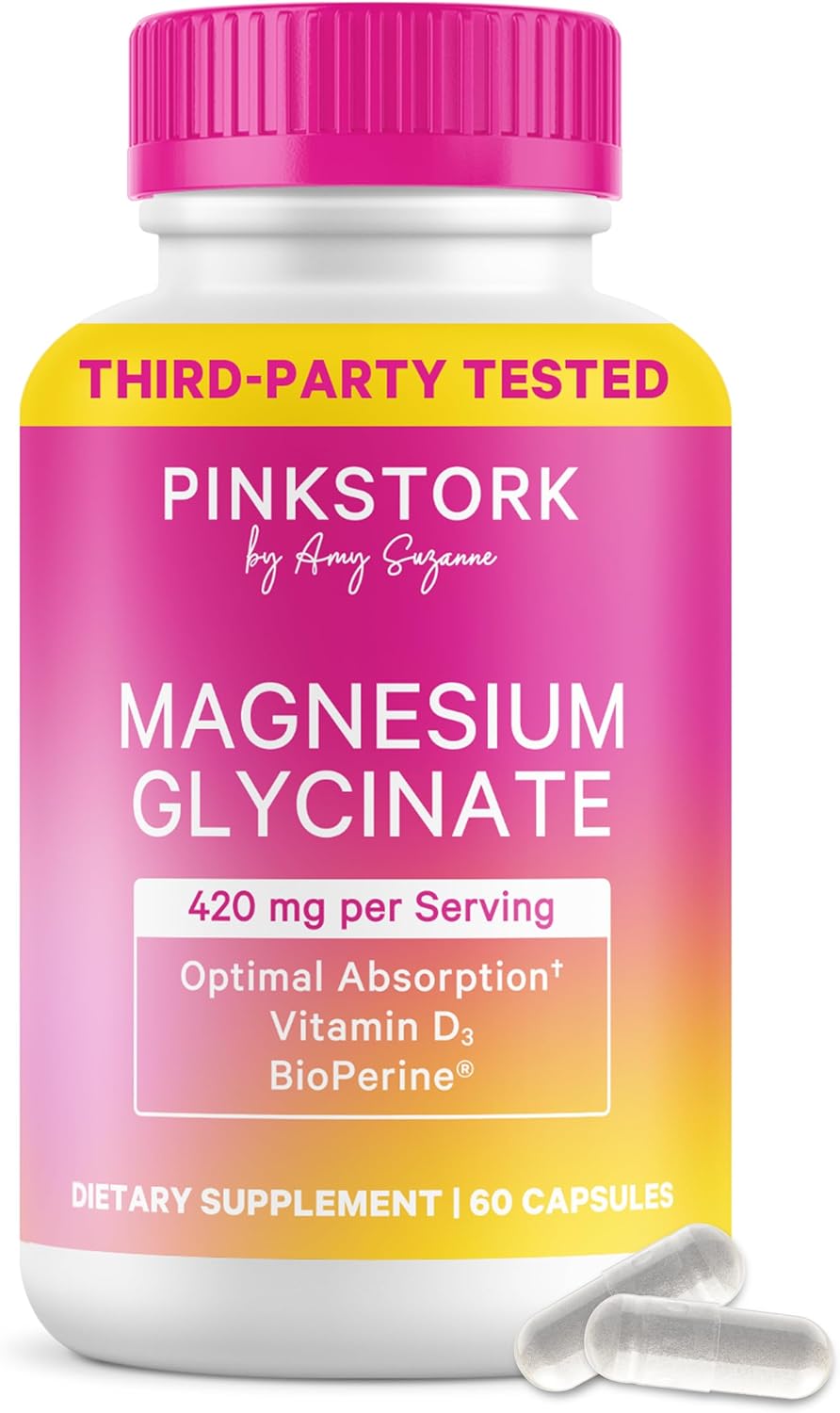 Pink Stork Magnesium Glycinate with Vitamin D - Magnesium Supplement for Women to Support Natural Calm, Mood, and Sleep - Hormone Balance for Women - 60 Capsules, 1 Month Supply