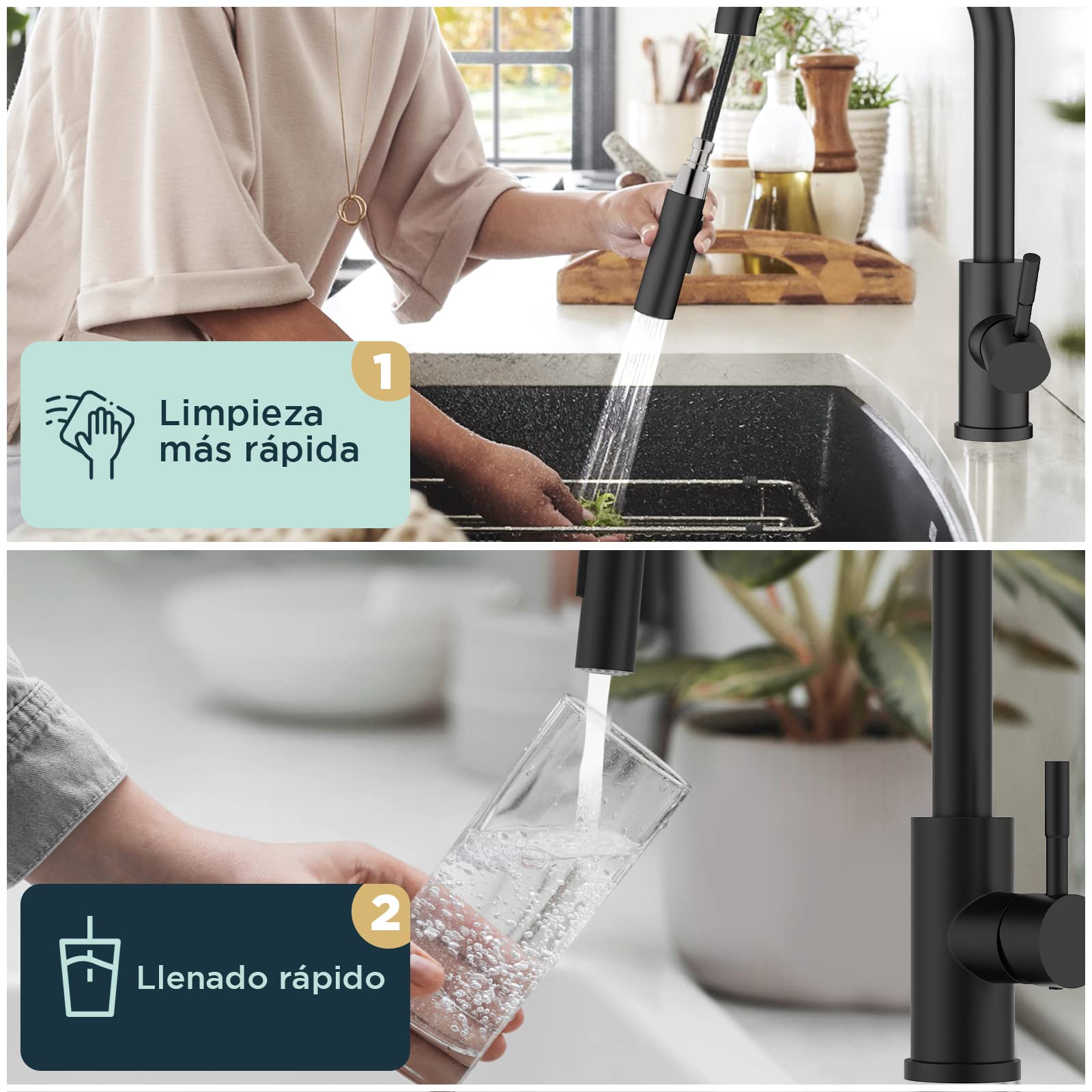 FORIOUS Grifo Cocina Extraible Negro, Grifo Cocina Fregadero con 2 Modos Giratorio a 360° Torneira Cozinha Monomando Flexible, Agua Frío y Calor Disponibles