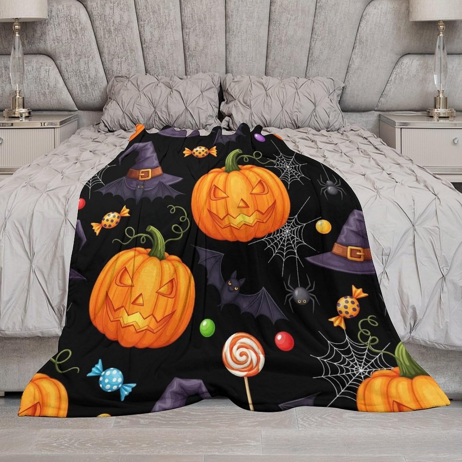 Throw Blanket Halloween Pumpkins Bat Blankets Soft Warm Cozy Flannel Blankets for Couch Sofa Bed Livingroom Travel Home Decor 50"x60"