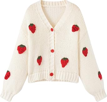 FindThy Womens Kawaii Strawberry Embroidered Cardigan Long Sleeve V Neck Chunky Knitted Cardigans Tops