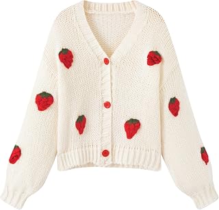 FindThy Women’s Kawaii Strawberry Embroidered Cardigan Long Sleeve V Neck Chunky Knitted Cardigans Tops
