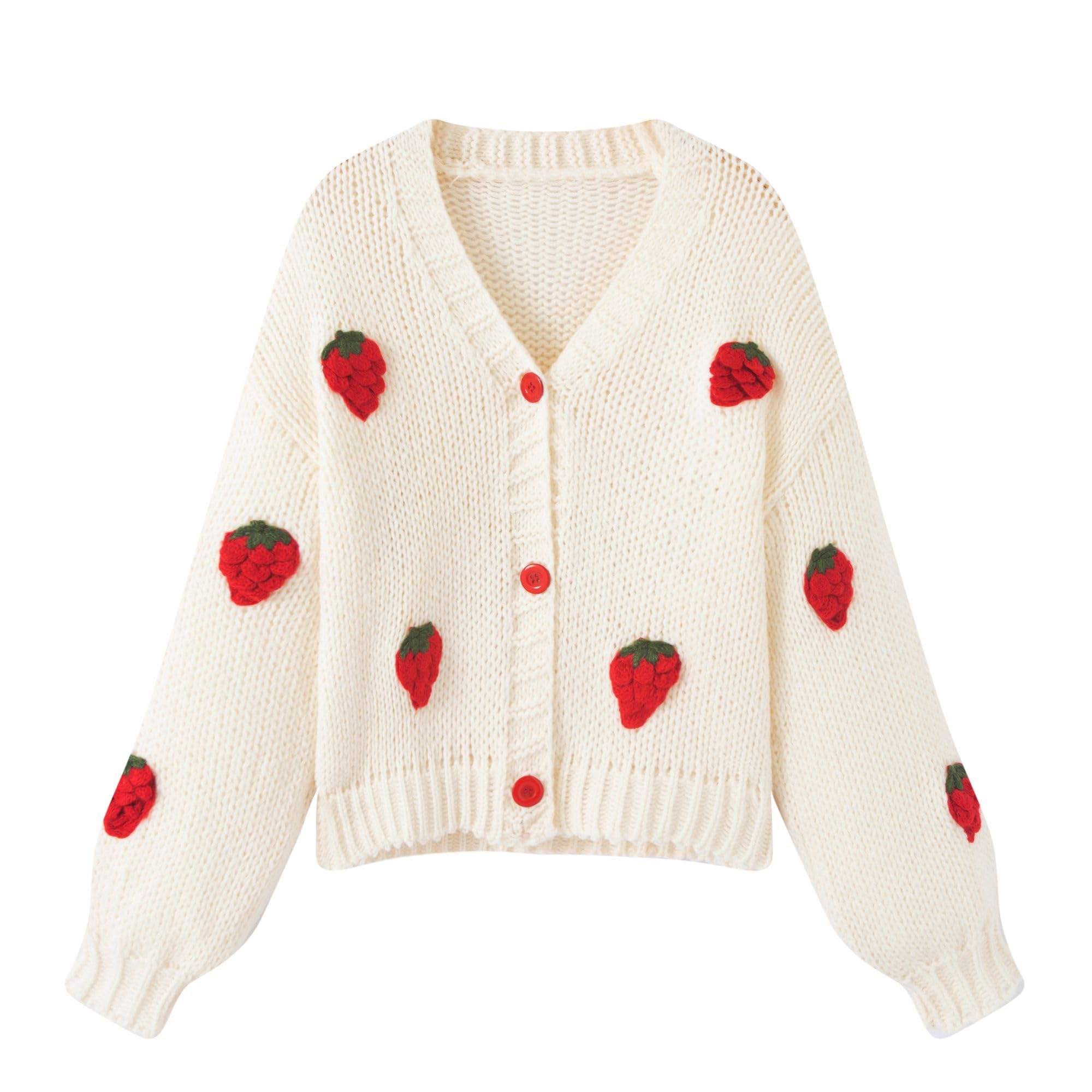 Female Cute Strawberry Loose V-neck Cardigan Sweater