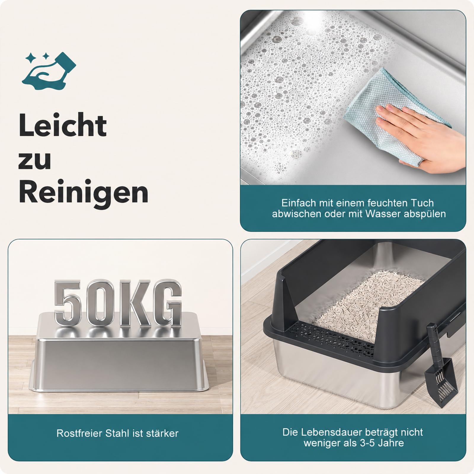 2er Set XXL Katzenklo Edelstahl 60×40×30 cm (37 L) – hoher Rand offene Katzentoilette Edelstahl für große Katzen & Mehrkatzenhaushalte, Metall Katzenklo geruchsfrei, auslaufsicher, inkl. Streuschaufel