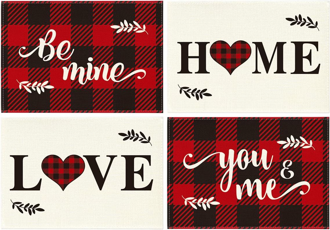 Artoid Mode Love Home You & Me Be Mine Valentine's Day Placemats for Dining Table, 12 x 18 Inch Spring Holiday Rustic Washable Table Mats Set of 4