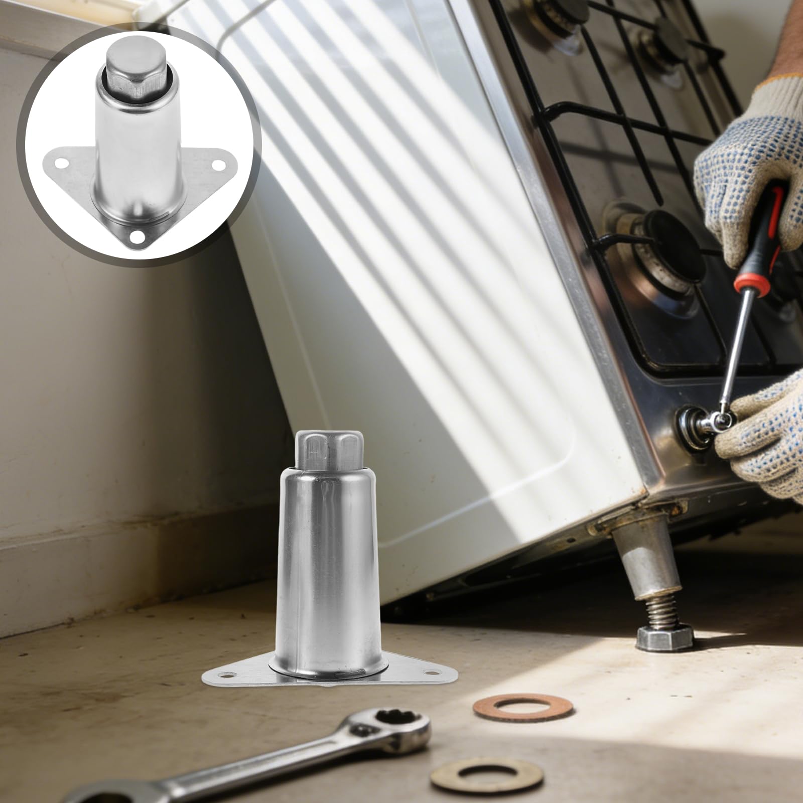 HOMSFOU Patas Ajustables de Acero Inoxidable 304, Soporte de 15 Cm con Perno de 1,6 Cm, Altura Regulable de 12,7 a 16,5 Cm para Estufas y Muebles, Juego de 2 Patas con Placa Triangular