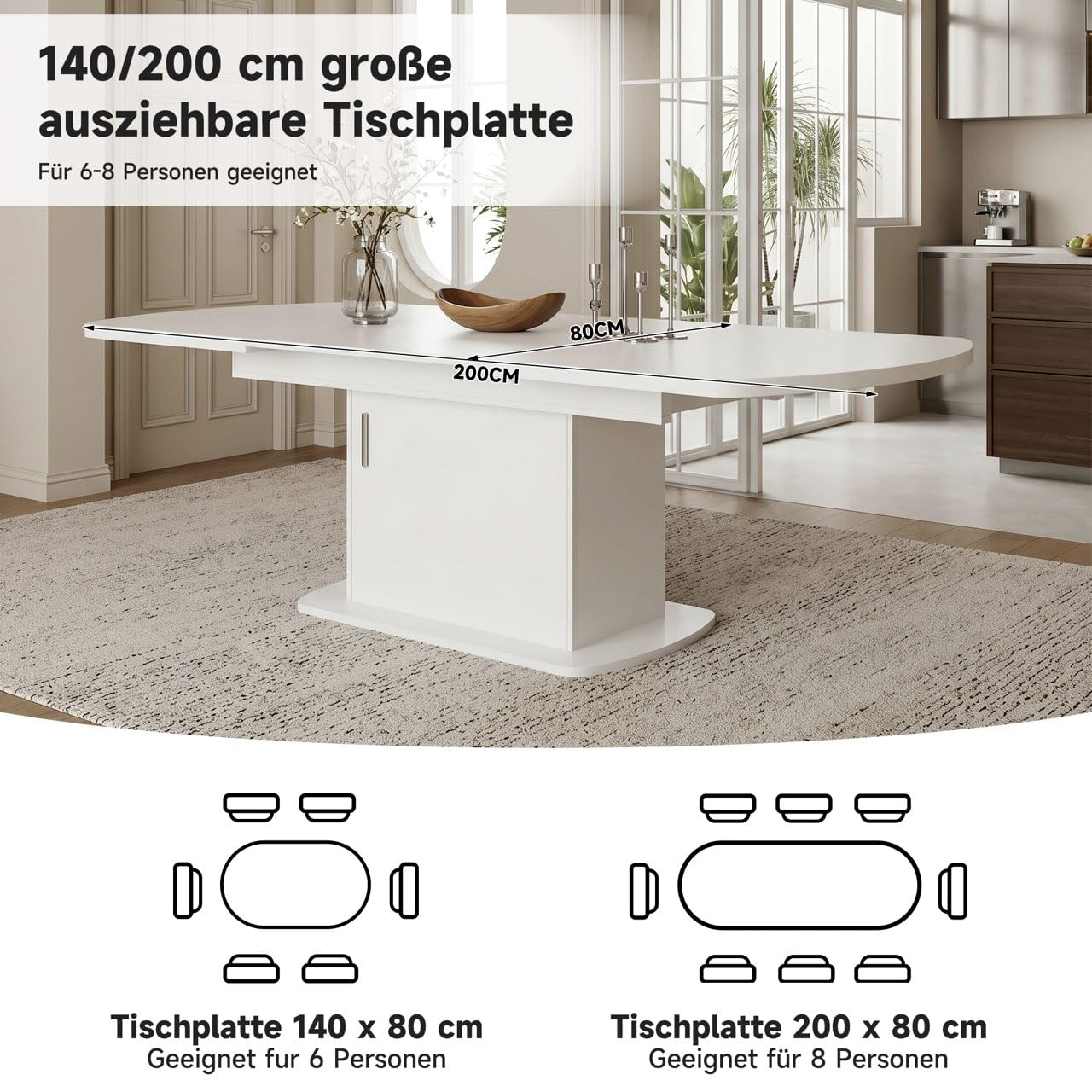 Generisch Tavolo da pranzo ovale allungabile, 140-200 x 80 x 75 cm, bianco