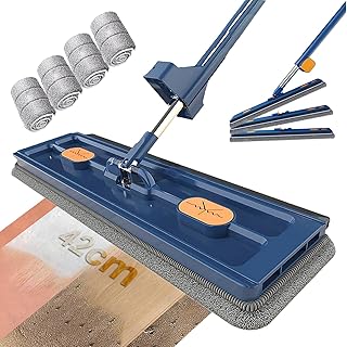 Large Flat Mop, Self Wringing Mop, Magic Mop, 2024 New Large Flat Mop for Wet and Dry Use, 360° Wall Mops with Long Handle (4 Mop Pad,Blue)