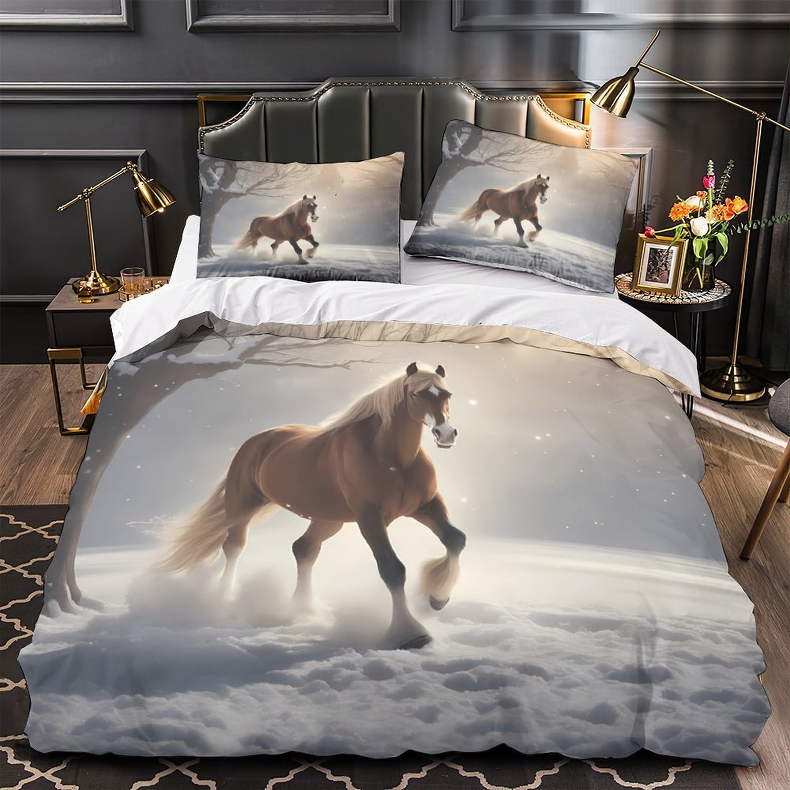 Housse de couette 220x240cm cheval 3 pièces avec deux taies d'oreiller douces