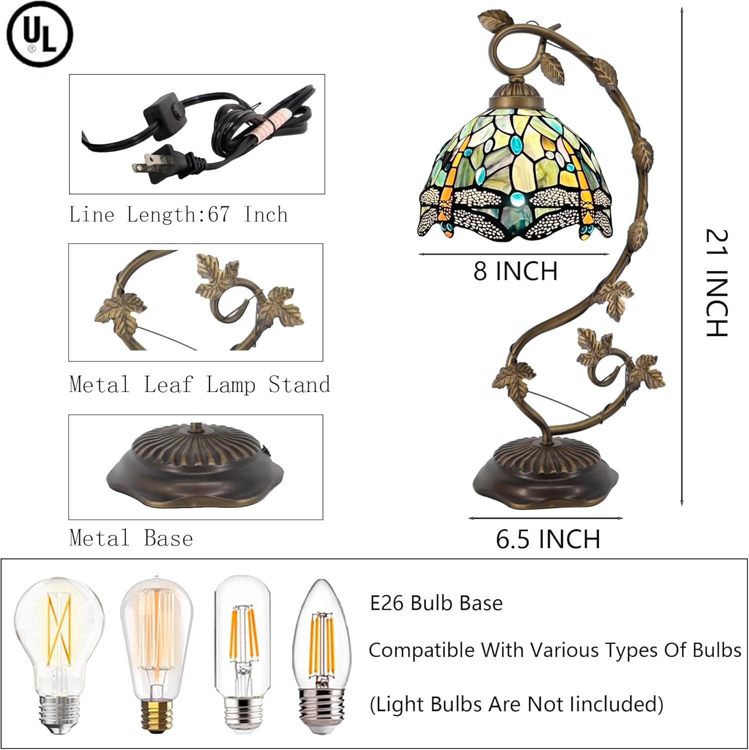 Tiffany Table Lamp, Stained Glass Desk Reading Light,Metal Leaf Table Lamp Base 8X10X21 Inches (Brown Dragonfly)