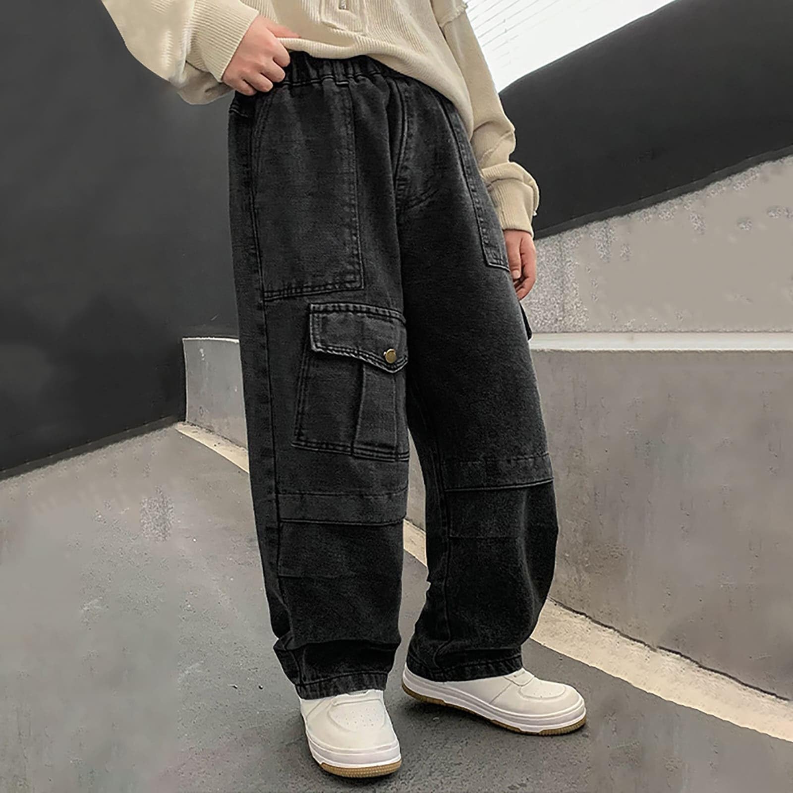 Vaqueros Niño 4-14 Años Ancho Pantalon Vaquero Adolescentes Chico Cintura Elástica Rectos Casual Vacaciones Streetwear Jeans Pantalones Vaqueros de Trabajo Denim Holgados Otoño 2026